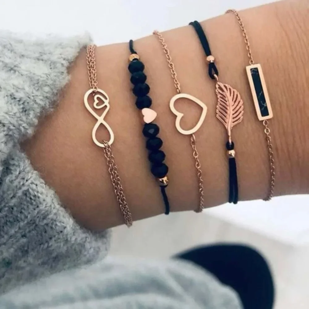 5pcs Heart & Leaf Decor Bracelet For Women Jewelry Gift Wedding Party Engagement - Picture 1 of 4